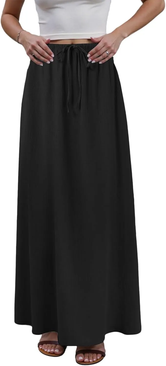 AMDBEL Summer Skirts for Women 2025,Linen Maxi Skirts for Women Trendy Summer Drawstring Low Waisted A-Line Flowy Skirts