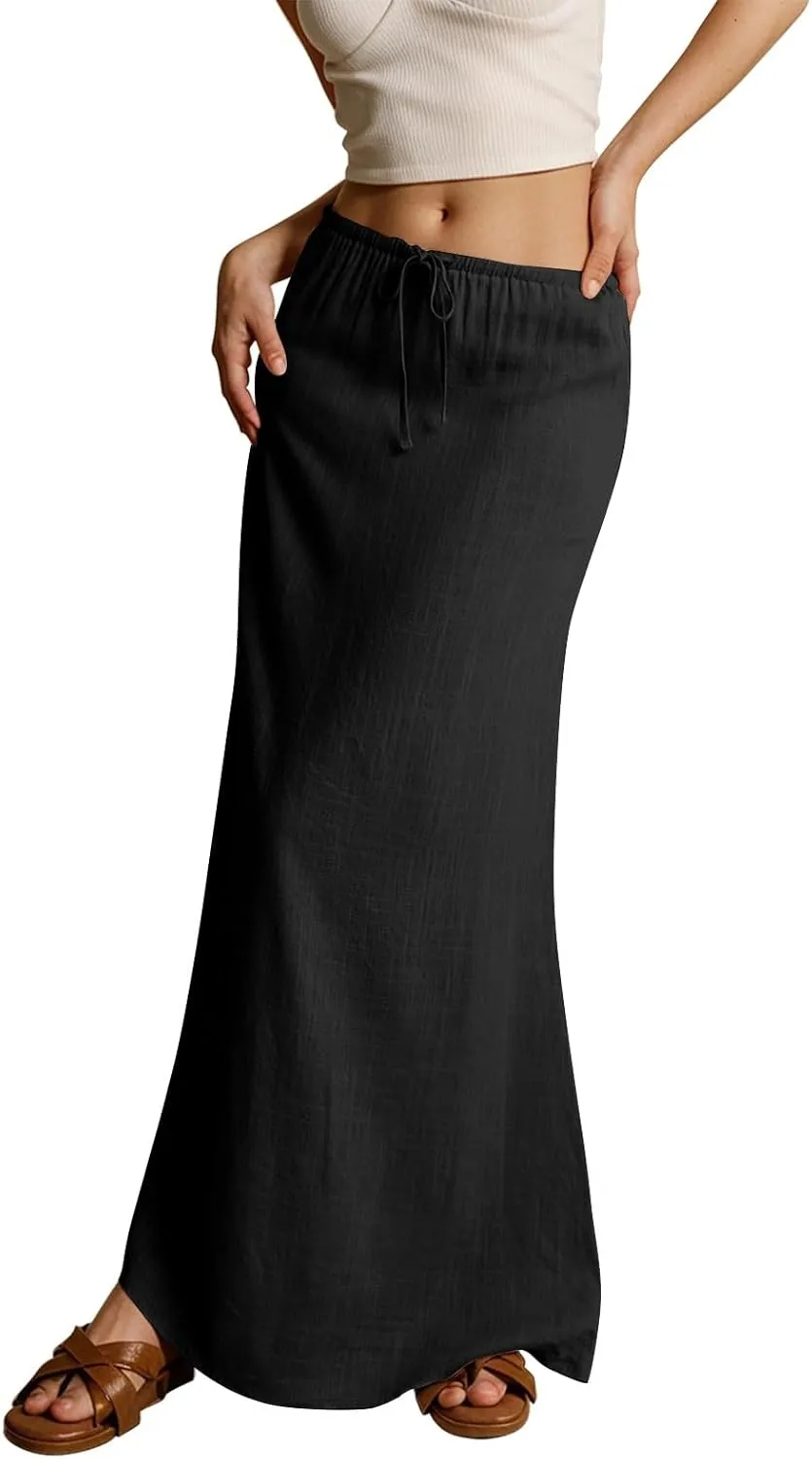 AMDBEL Summer Skirts for Women 2025,Linen Maxi Skirts for Women Trendy Summer Drawstring Low Waisted A-Line Flowy Skirts