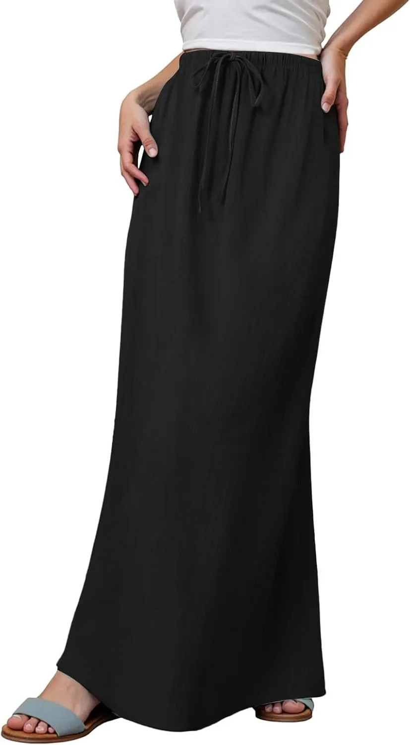 AMDBEL Summer Skirts for Women 2025,Linen Maxi Skirts for Women Trendy Summer Drawstring Low Waisted A-Line Flowy Skirts