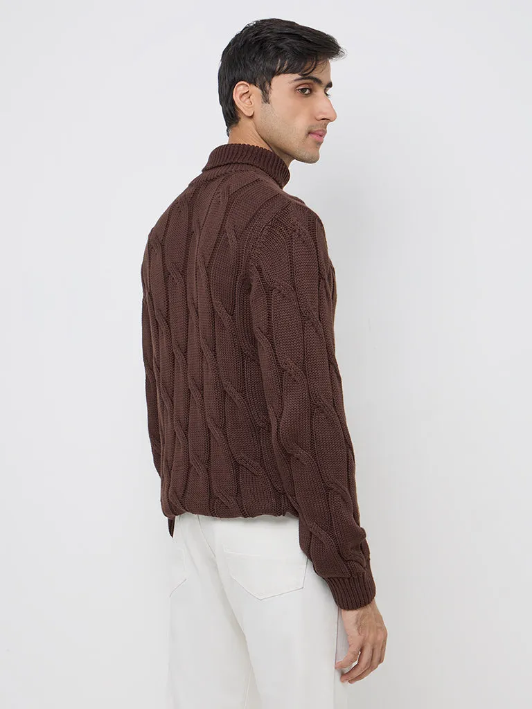 Relaxed-Fit Ascot Dark Brown Cotton Sweater with Knit Texture