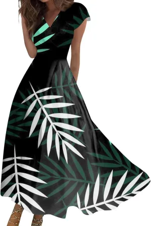 Azeralia Wedding Dress Deep V Neck Short Sleeve Sun Dress for Beach Vacation Wedding Guest Dress Tea Party Dresses for Woman
