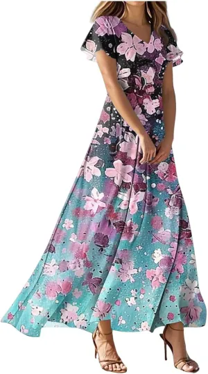 Beach Dresses for Women,2025 Summer Trendy Elegant Wrap V Neck Floral Boho Dress,Flowy Ruched Hawaiian Maxi Dress