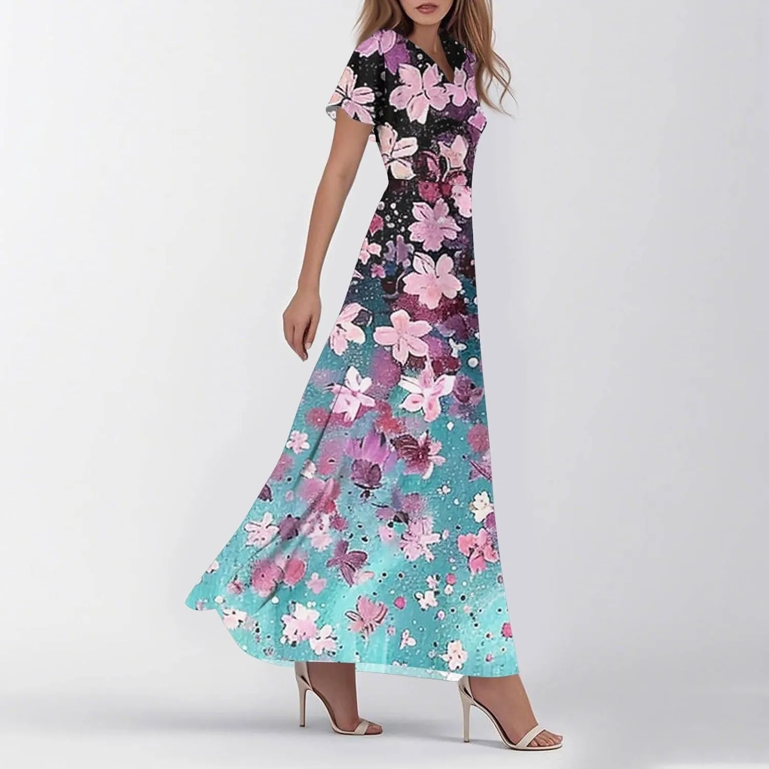 Beach Dresses for Women,2025 Summer Trendy Elegant Wrap V Neck Floral Boho Dress,Flowy Ruched Hawaiian Maxi Dress