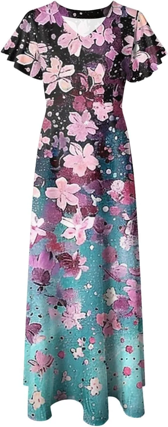 Beach Dresses for Women,2025 Summer Trendy Elegant Wrap V Neck Floral Boho Dress,Flowy Ruched Hawaiian Maxi Dress