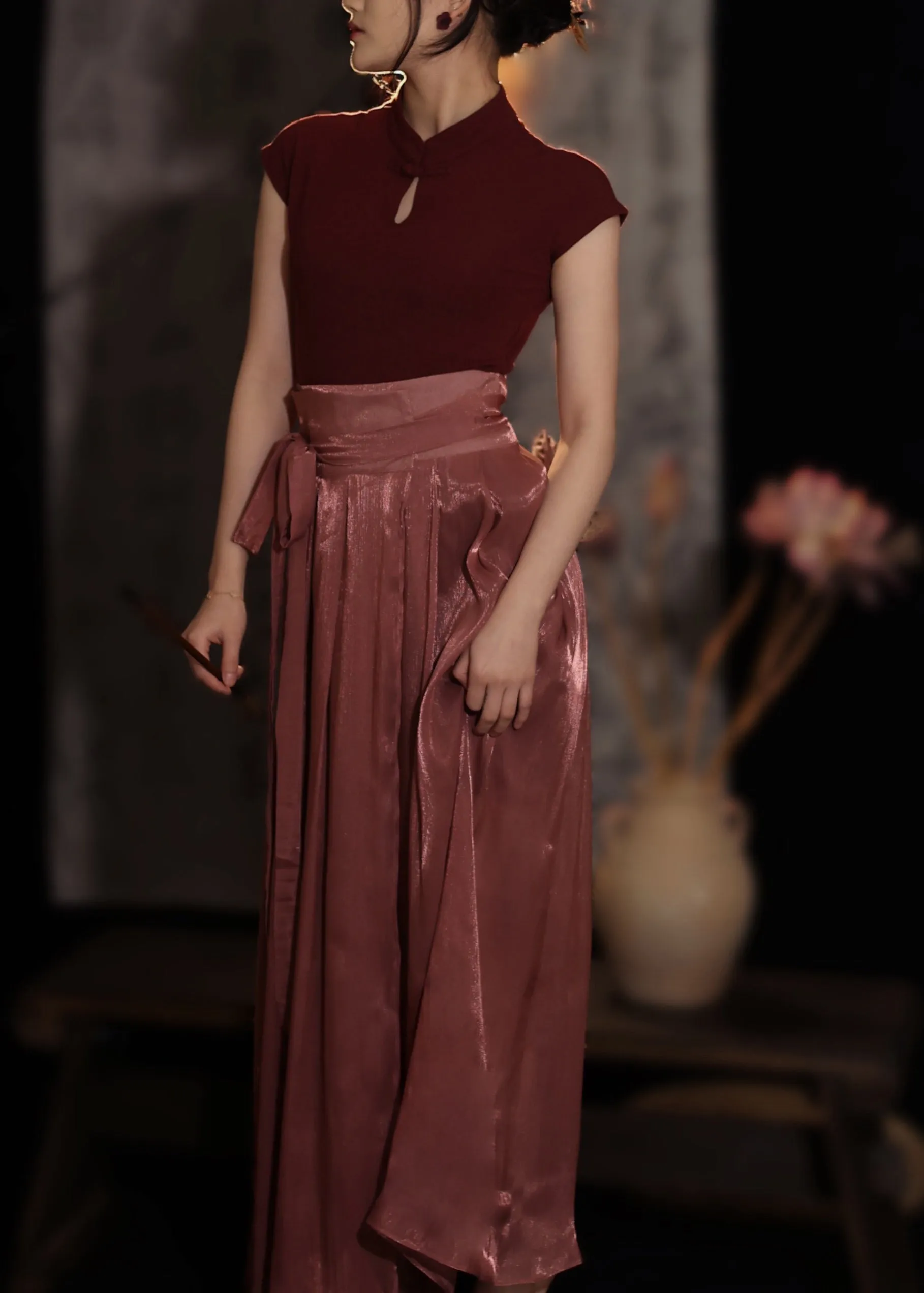 Beautiful Red Stand Collar Button Top And Maxi Skirts Two Piece Set Spring LY2663
