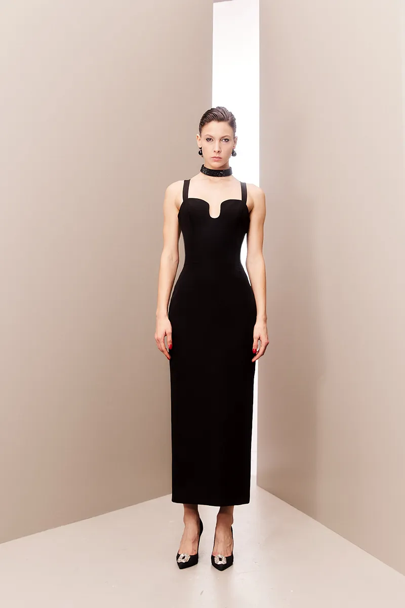 BLACK STRAPPED MIDI CORSET DRESS