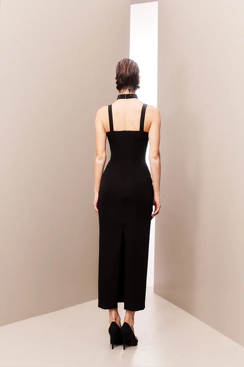 BLACK STRAPPED MIDI CORSET DRESS