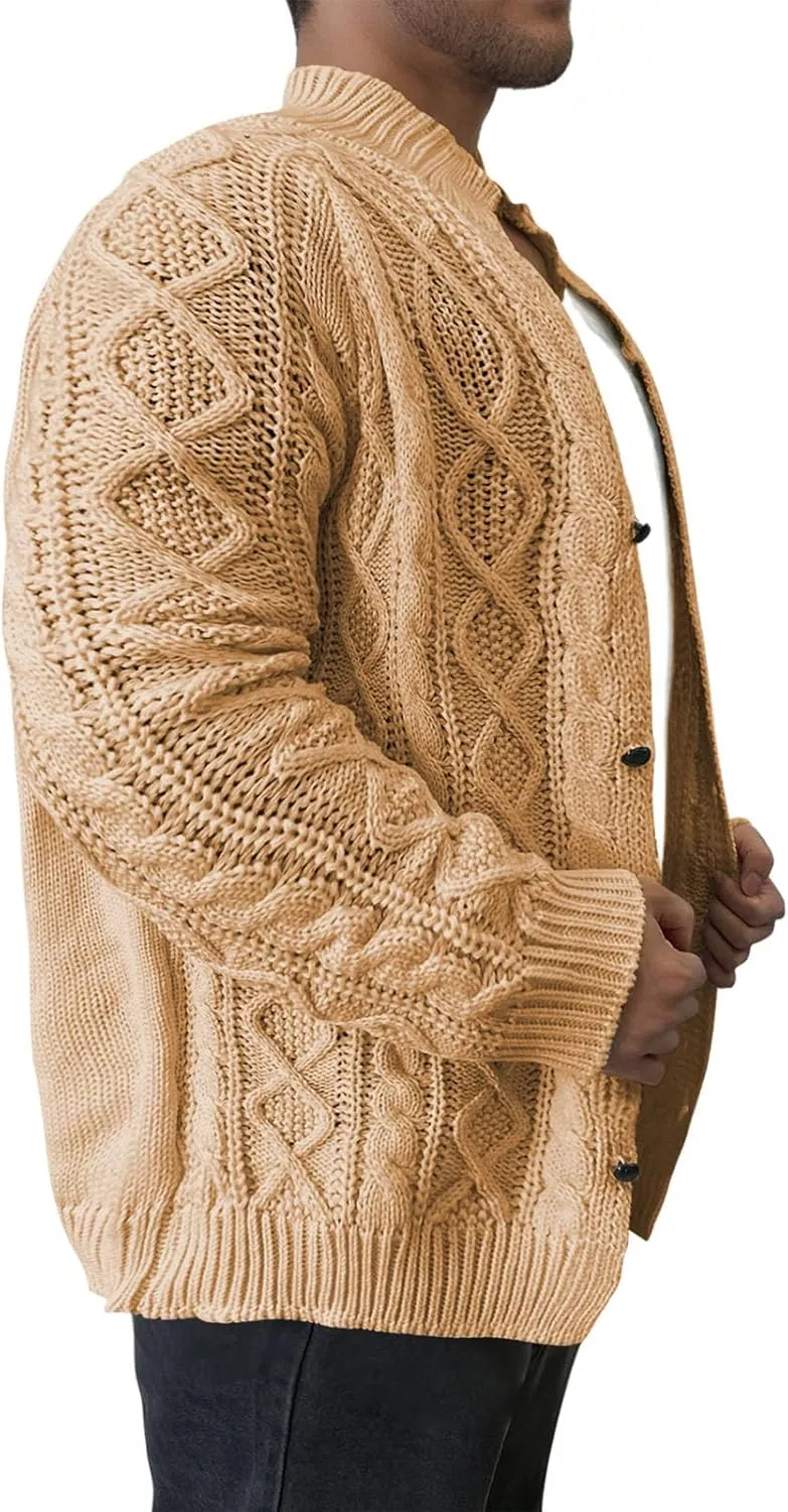 Cable Knit Cardigan for Men Casual Chunky Sweater Coat Long Sleeve Fall Winter Knitted Button Down Sweaters Jacket