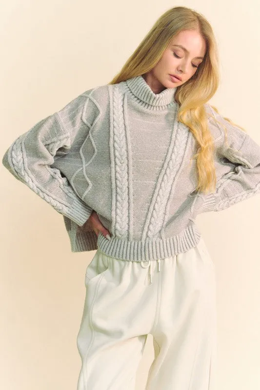 Cable-Knit Turtleneck Dropped Shoulder Sweater