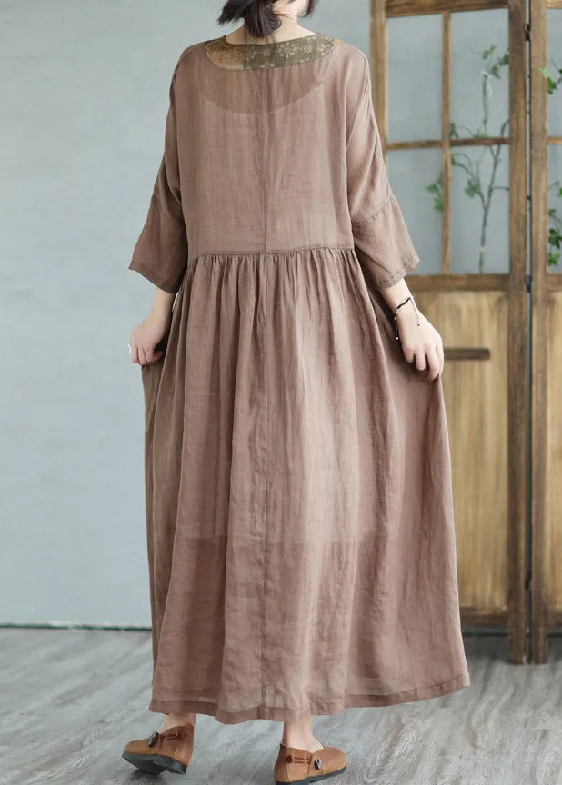 Coffee Print Tie Waist Linen Women Linen Top And Maxi Skirts Half Sleeve LY2957