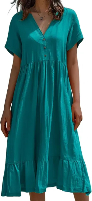 Cotton and Linen V-Neck Midi Dress Short Sleeve Pleated High Waisted Tiered Maxi Dresses Casual Loose Solid Dresses