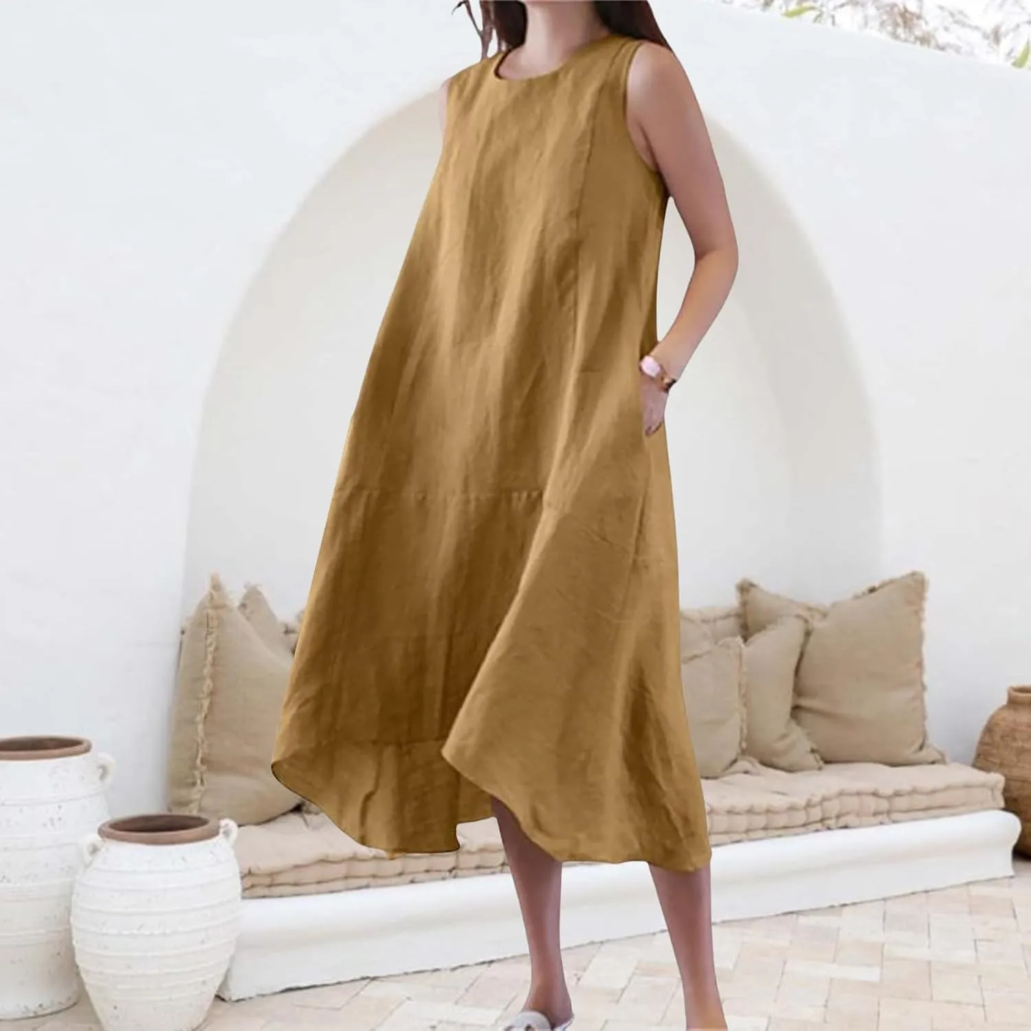 Cotton Linen Dress Women Summer Long Beach Dresses Casual Maxi Sundress Flowy Tshirt A Line Dress with Pockets