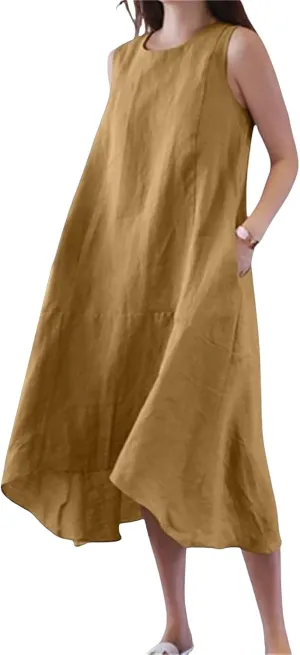 Cotton Linen Dress Women Summer Long Beach Dresses Casual Maxi Sundress Flowy Tshirt A Line Dress with Pockets
