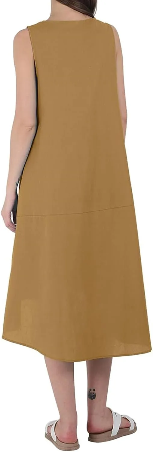 Cotton Linen Dress Women Summer Long Beach Dresses Casual Maxi Sundress Flowy Tshirt A Line Dress with Pockets