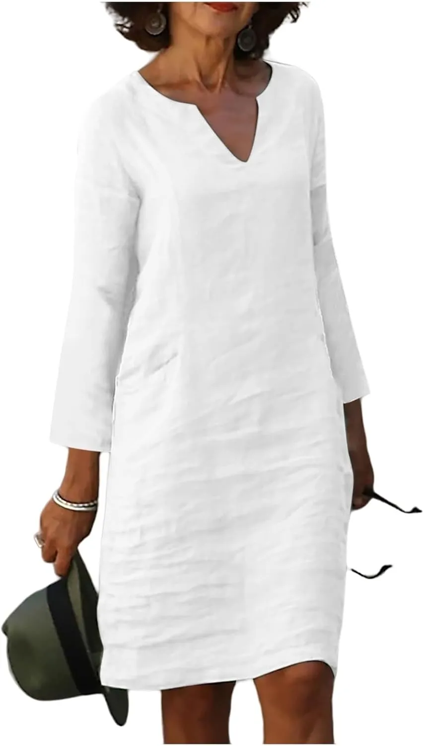 Cotton Linen Dresses for Women Loose Casual Long Sleeve V Neck Knee Length Mini Dress Elegant Plain Shirt Midi Dress