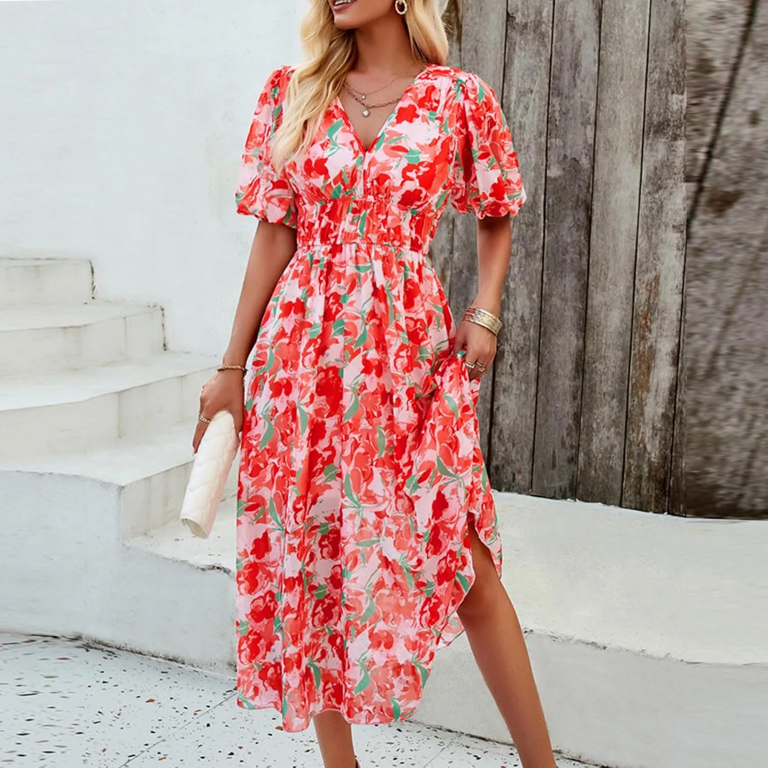 Dresses for Women 2024,Womens Flowy Bohemian Floral Midi Dress Sexy V Neck Short Sleeve Spring Summer Sun Dress