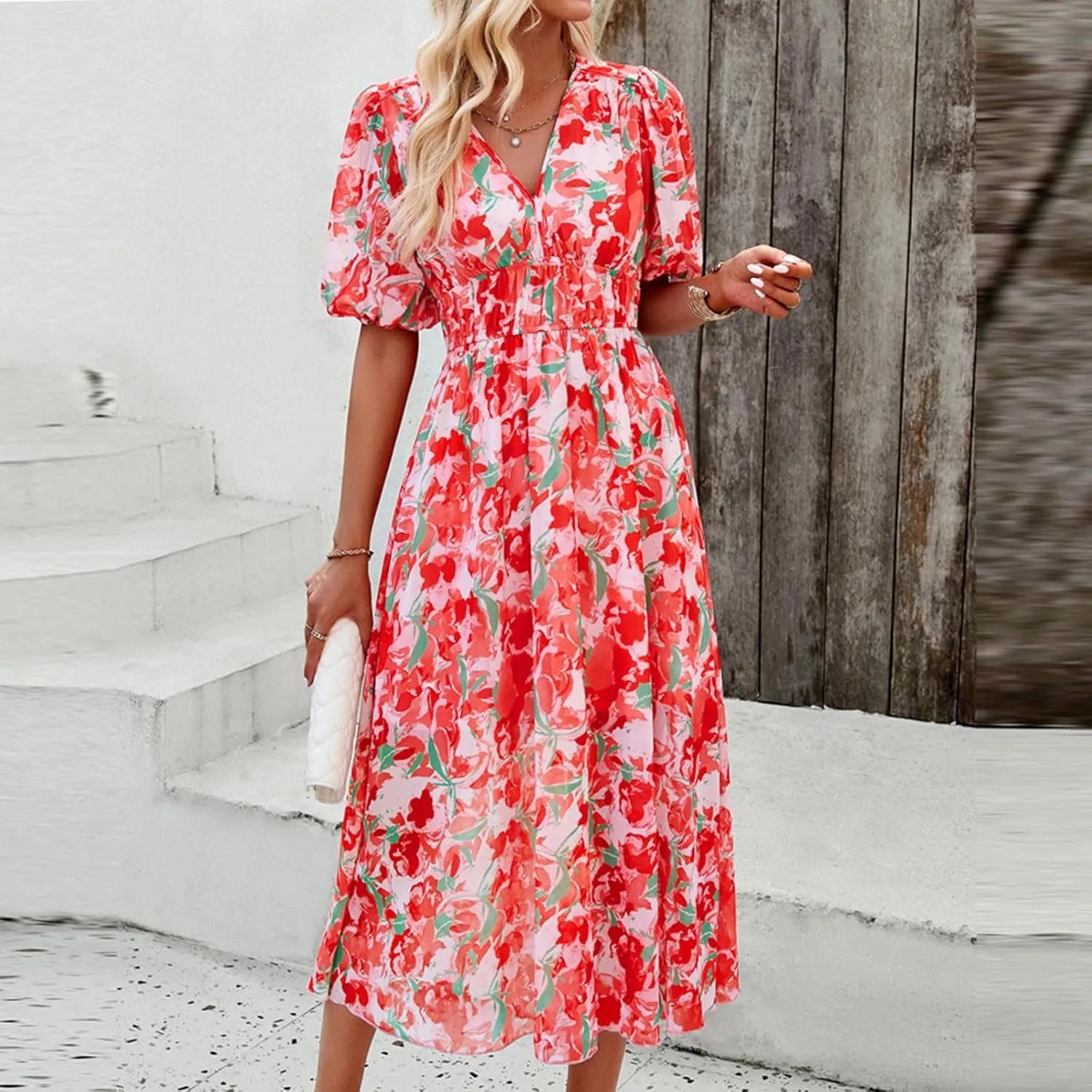 Dresses for Women 2024,Womens Flowy Bohemian Floral Midi Dress Sexy V Neck Short Sleeve Spring Summer Sun Dress