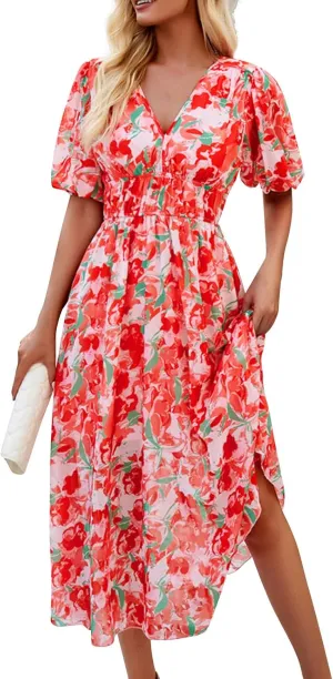 Dresses for Women 2024,Womens Flowy Bohemian Floral Midi Dress Sexy V Neck Short Sleeve Spring Summer Sun Dress