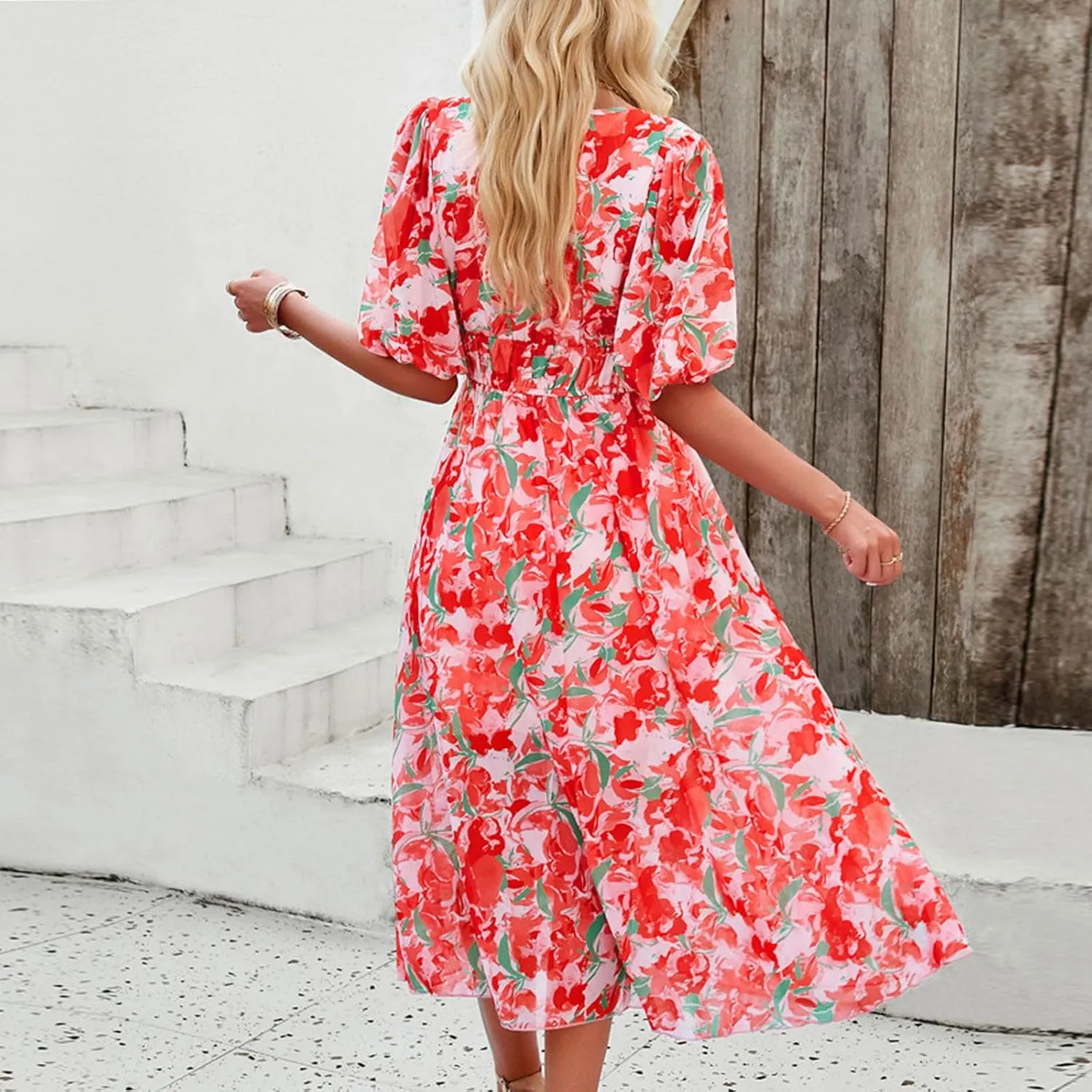 Dresses for Women 2024,Womens Flowy Bohemian Floral Midi Dress Sexy V Neck Short Sleeve Spring Summer Sun Dress