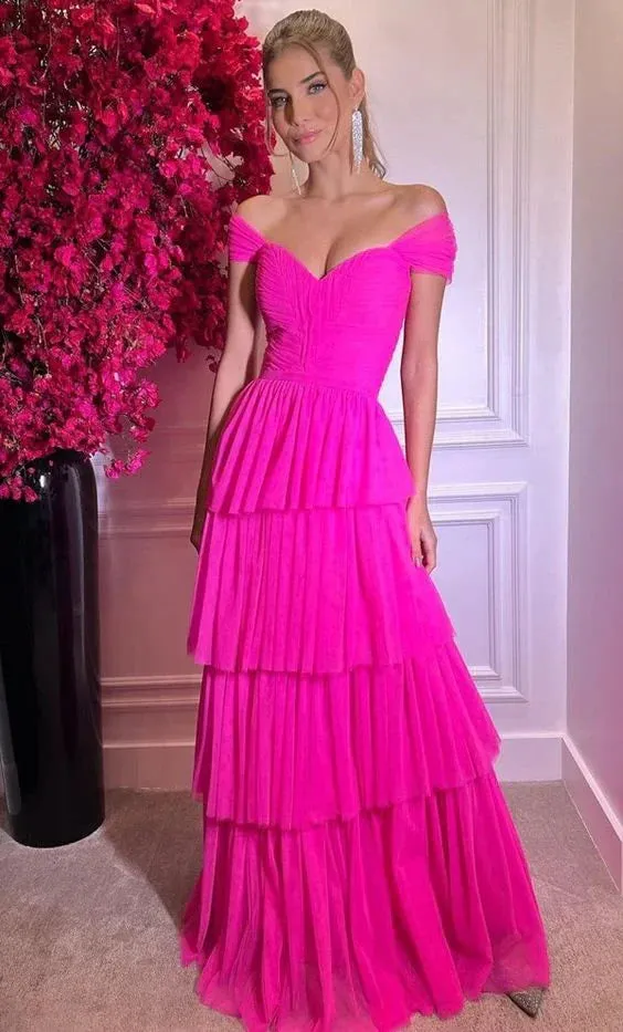 Elegant Dresses Gowns Evening Dresses Hot Pink Off The Shoulder Prom Dresses Long Evening Gowns