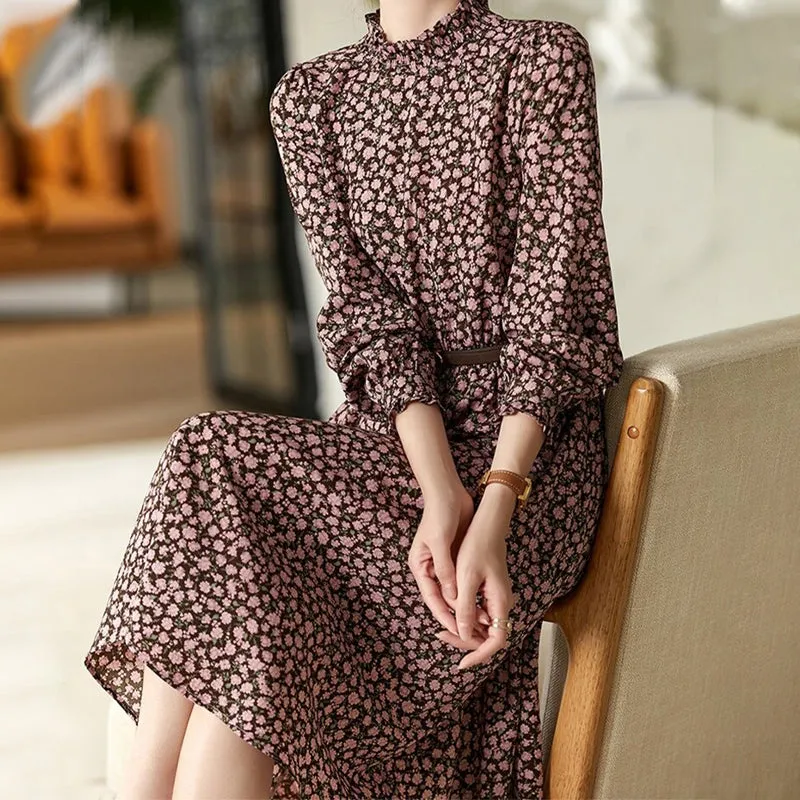 Elegant Midi Floral Party Dress for Women with Ruffled Collar and Belt