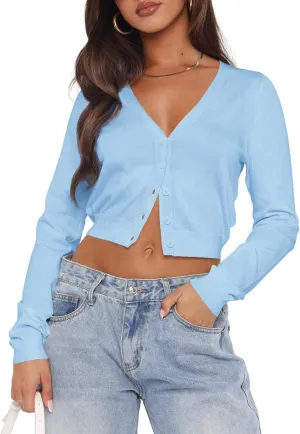 Ezbelle Women's Long Sleeve Open Front Cropped Lightweight Cardigan Sweater Button Down Shirt 2025 Fall Tops