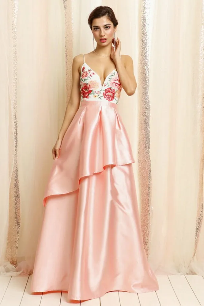 Flower Embroidered Bodice Top Layered Gown Dress