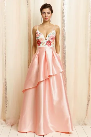 Flower Embroidered Bodice Top Layered Gown Dress