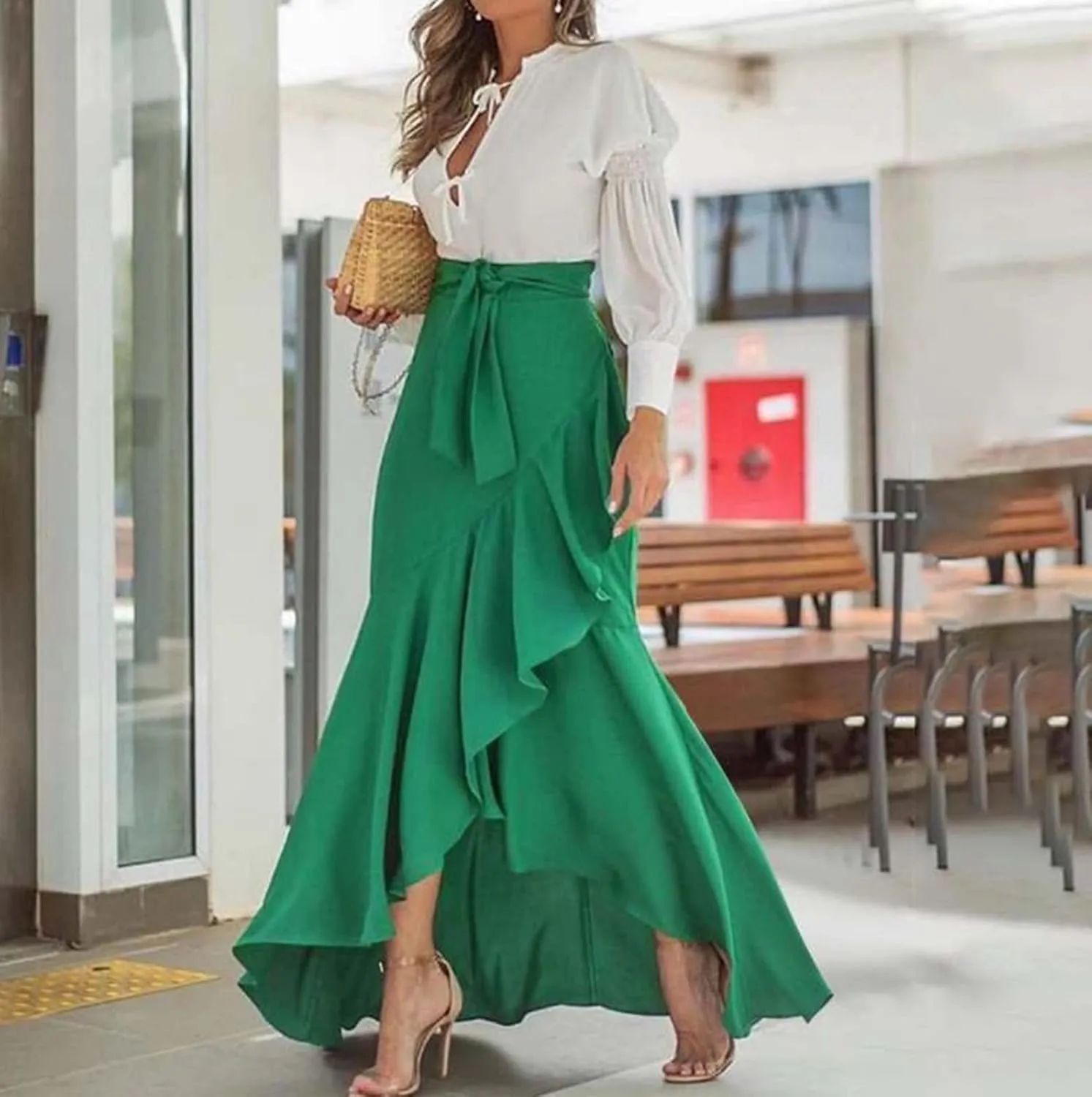 Flowy High Waisted Skirts for Women Trendy Summer Asymmetrical Ruffled Regular and Plus Size Maxi Skirt with Slit