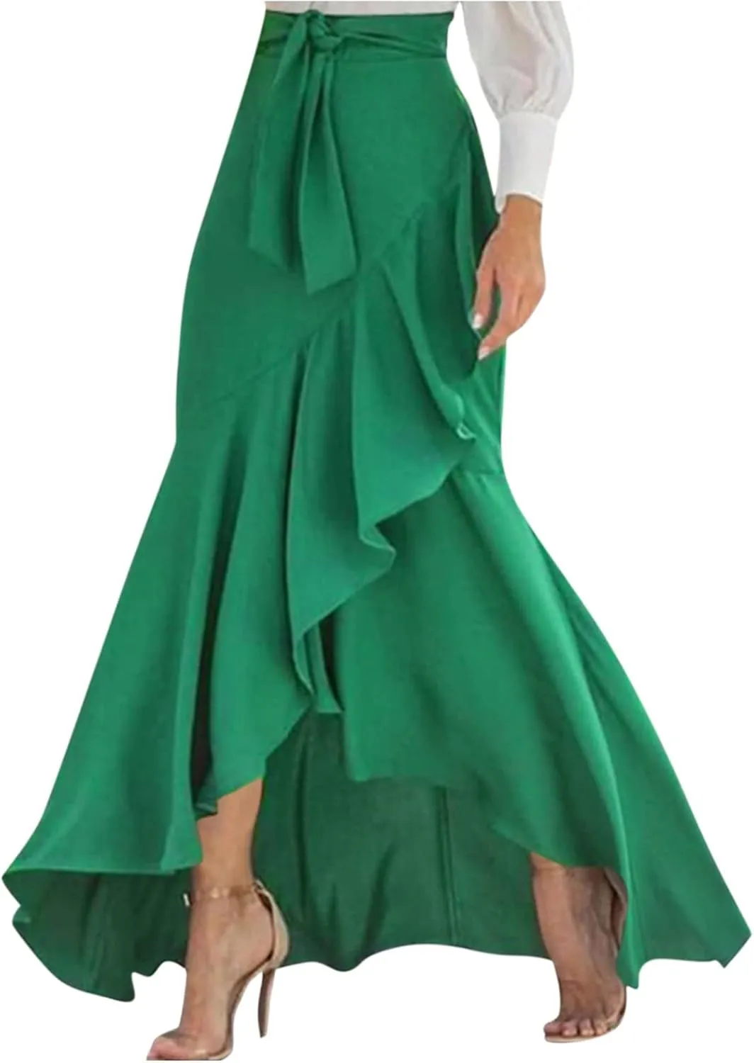 Flowy High Waisted Skirts for Women Trendy Summer Asymmetrical Ruffled Regular and Plus Size Maxi Skirt with Slit