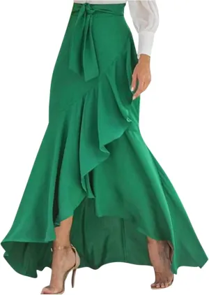 Flowy High Waisted Skirts for Women Trendy Summer Asymmetrical Ruffled Regular and Plus Size Maxi Skirt with Slit