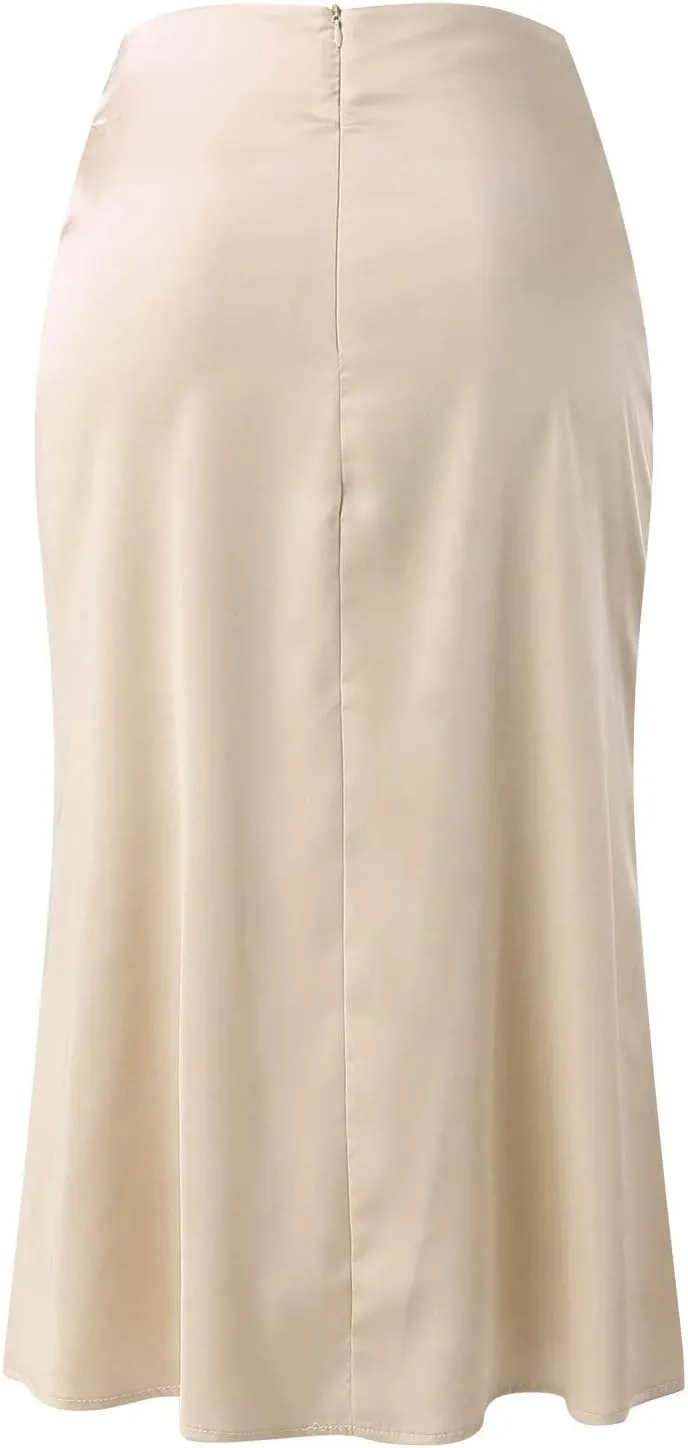 Knee Length Skirts for Women High Elastic Waist Business Satin A-Line Workout Skirts for Women Back Zipper