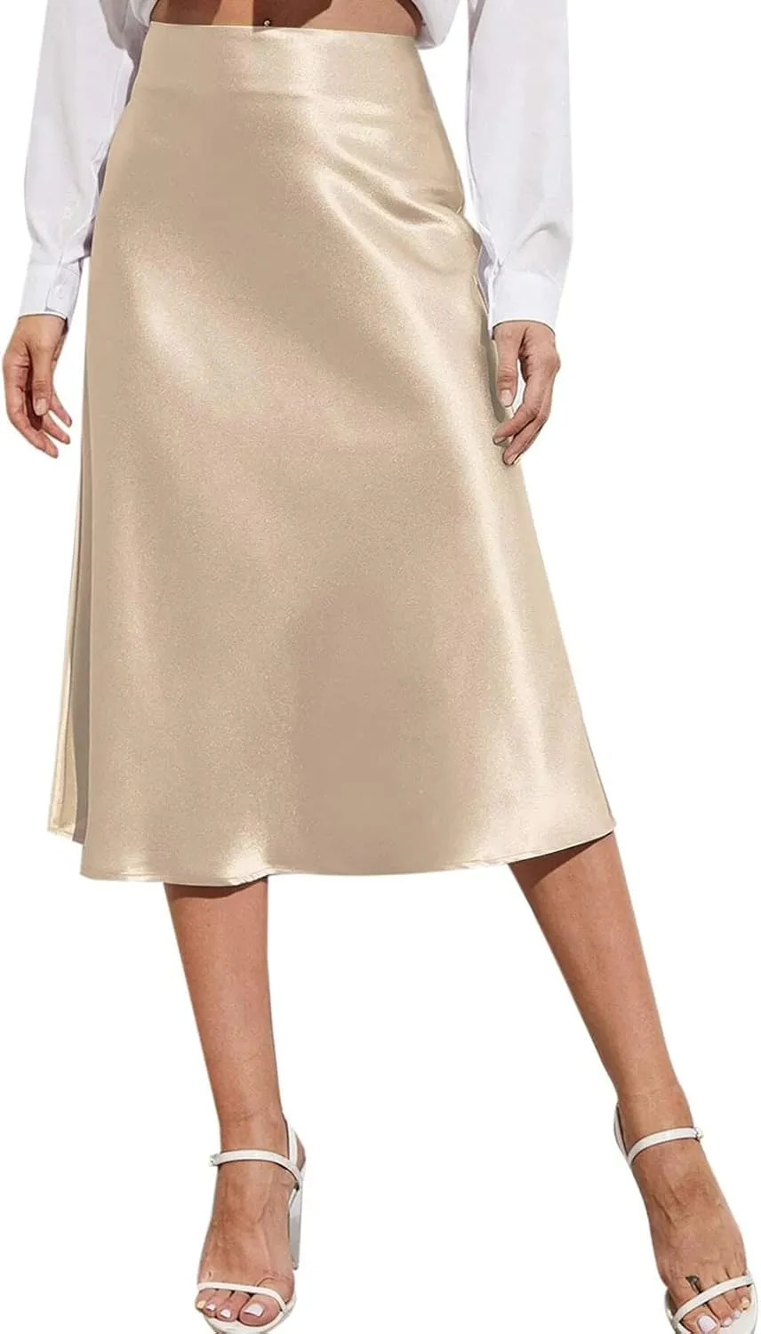 Knee Length Skirts for Women High Elastic Waist Business Satin A-Line Workout Skirts for Women Back Zipper