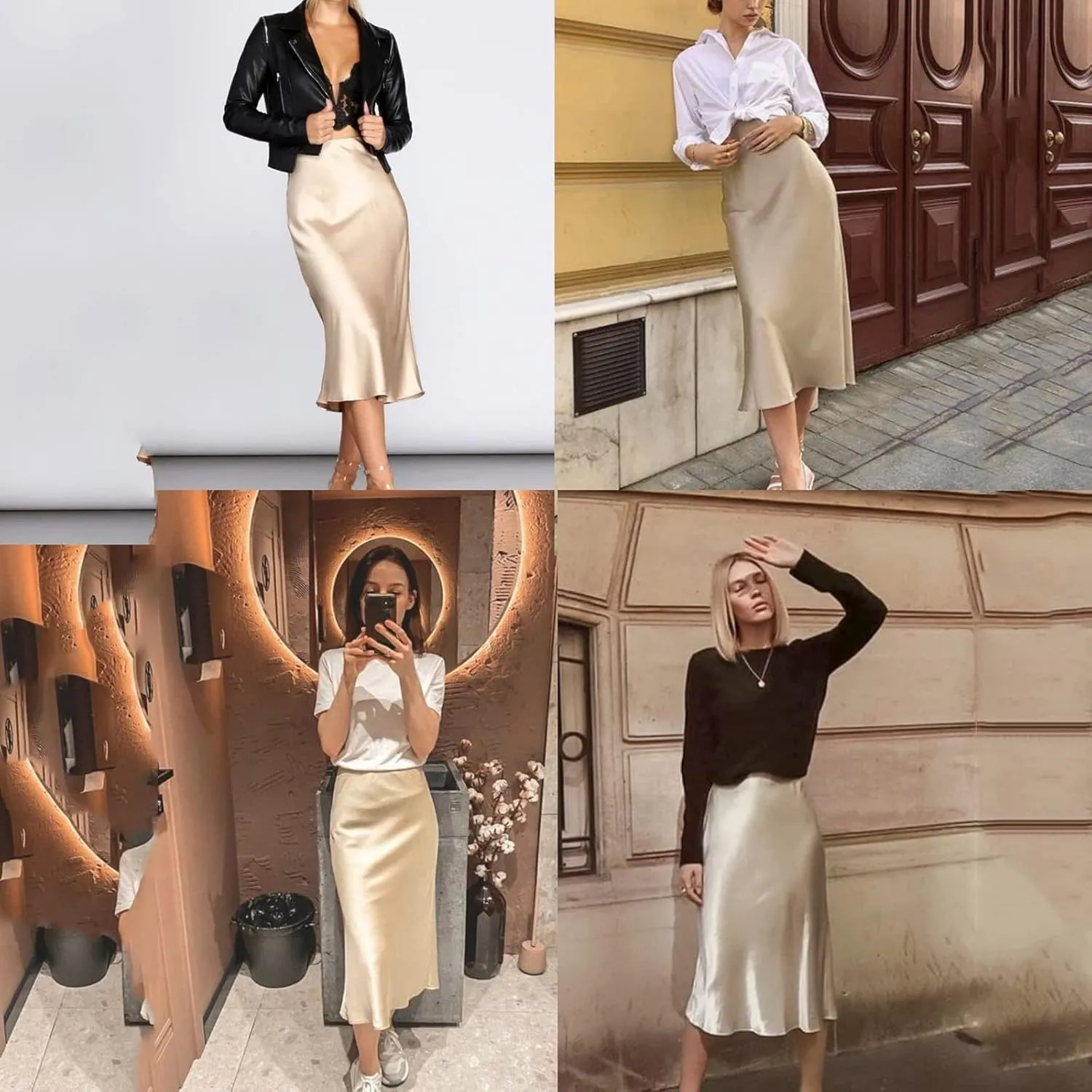 Knee Length Skirts for Women High Elastic Waist Business Satin A-Line Workout Skirts for Women Back Zipper
