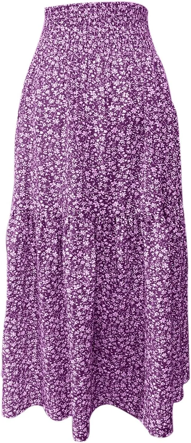 Long Flowy Skirts for Women Smocked High Waisted Floral Maxi Skirt with Pockets Boho Ruffle Tiered Beach A Line Skirt