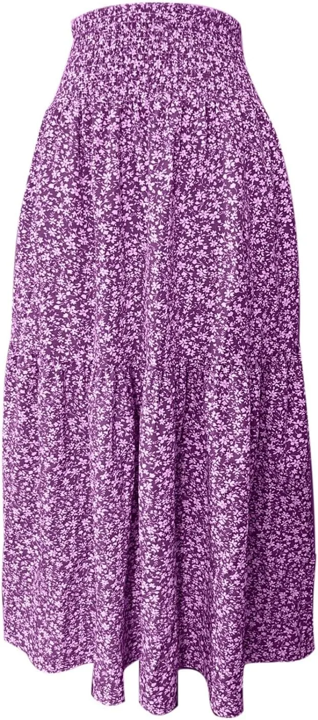 Long Flowy Skirts for Women Smocked High Waisted Floral Maxi Skirt with Pockets Boho Ruffle Tiered Beach A Line Skirt
