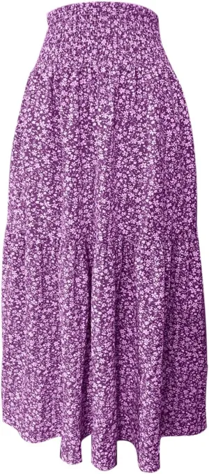 Long Flowy Skirts for Women Smocked High Waisted Floral Maxi Skirt with Pockets Boho Ruffle Tiered Beach A Line Skirt
