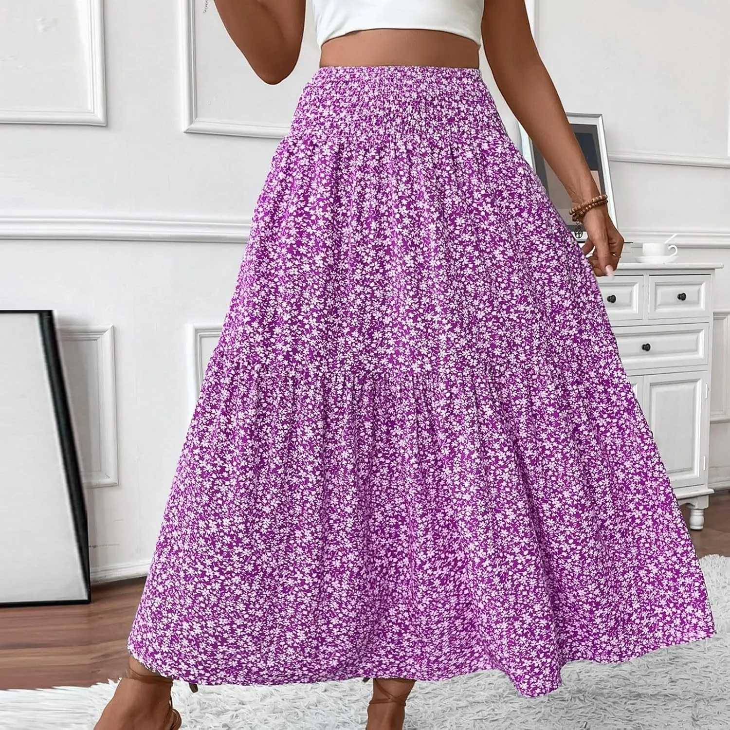 Long Flowy Skirts for Women Smocked High Waisted Floral Maxi Skirt with Pockets Boho Ruffle Tiered Beach A Line Skirt