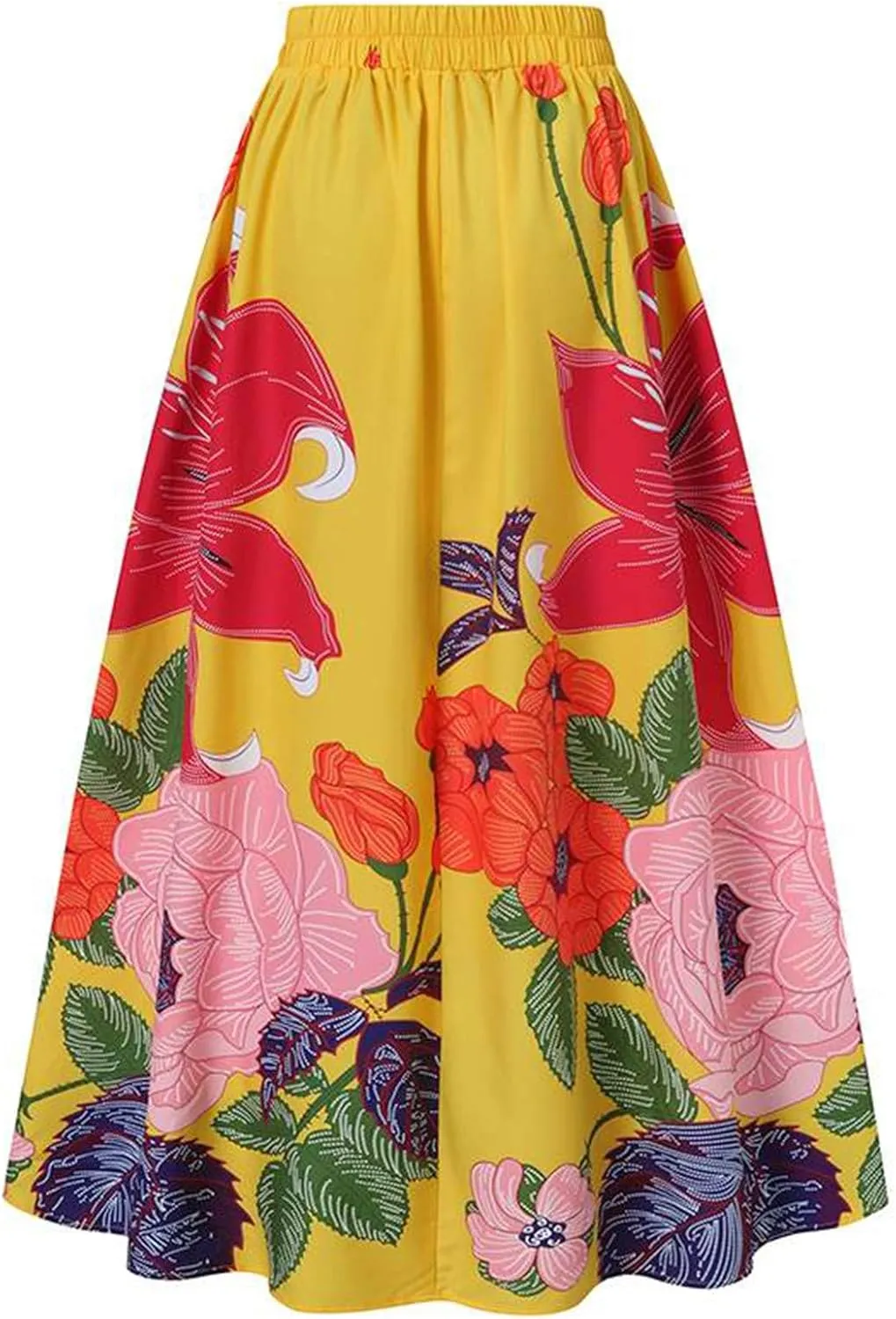 Long Skirts for Women Elastic High Waist Boho Skirt Vintage Floral Print A Line Ankle Length Maxi Skirts with Pockets