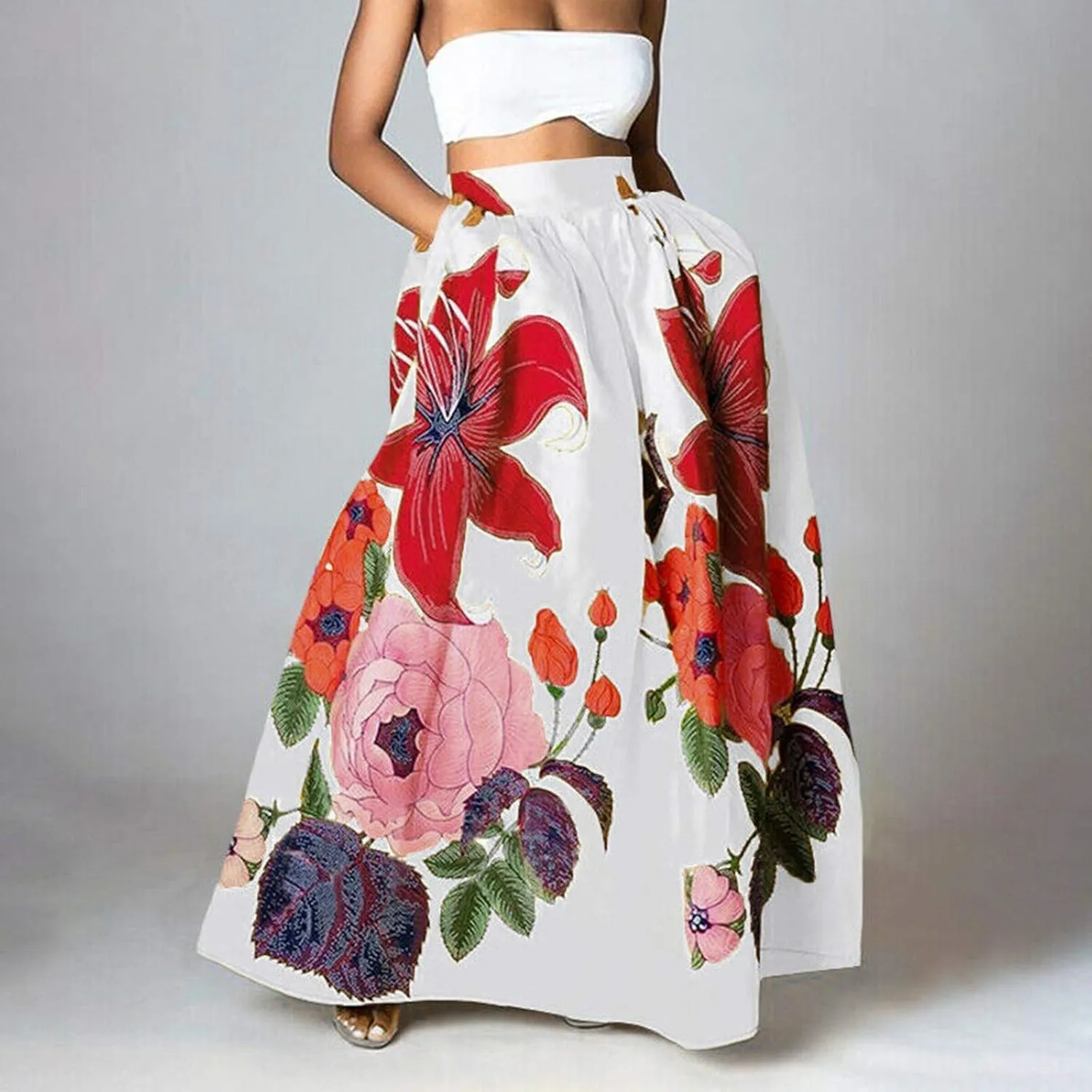 Long Skirts for Women Elastic High Waist Boho Skirt Vintage Floral Print A Line Ankle Length Maxi Skirts with Pockets
