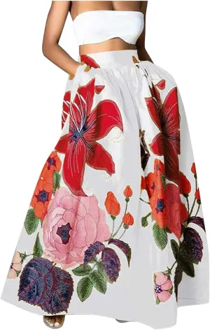 Long Skirts for Women Elastic High Waist Boho Skirt Vintage Floral Print A Line Ankle Length Maxi Skirts with Pockets