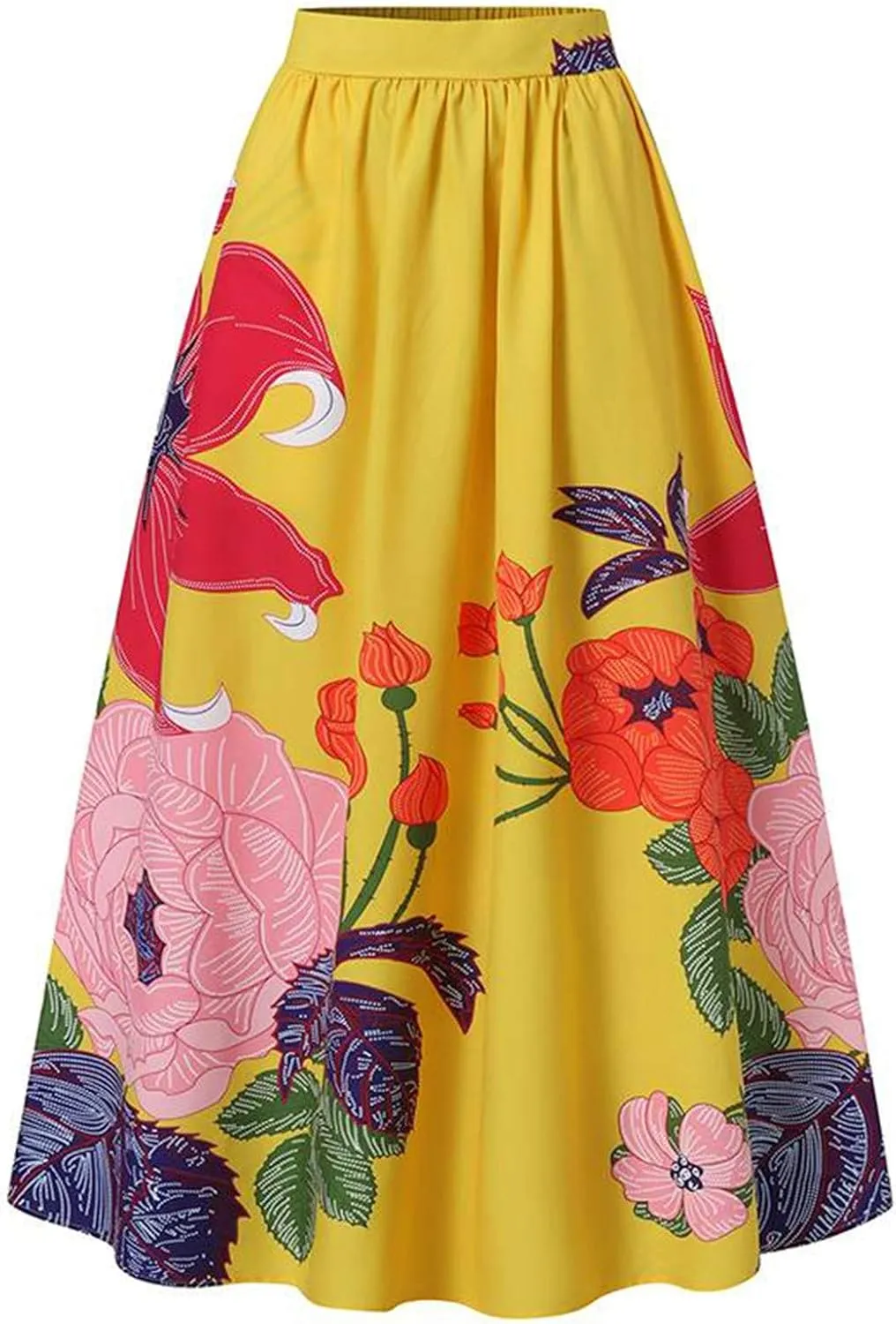 Long Skirts for Women Elastic High Waist Boho Skirt Vintage Floral Print A Line Ankle Length Maxi Skirts with Pockets