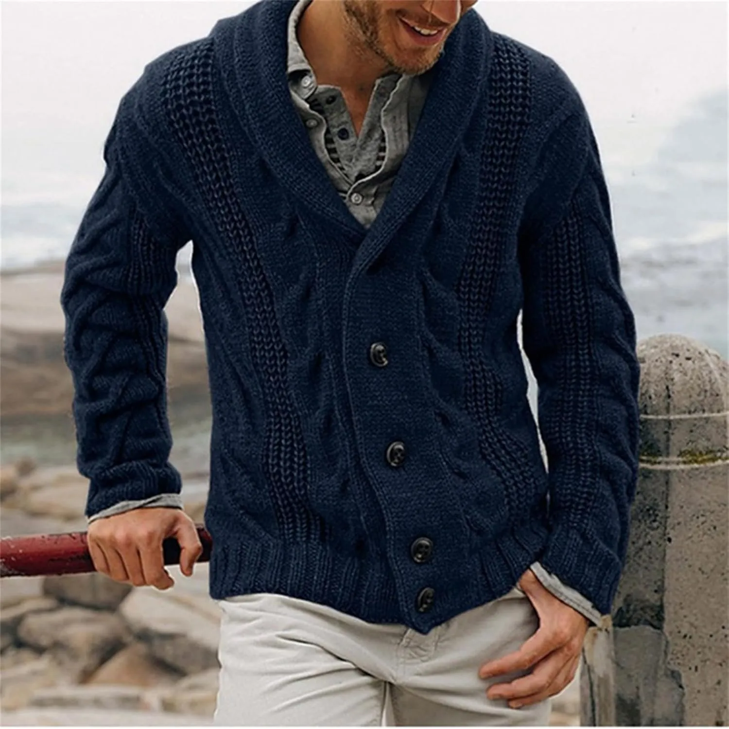 Mens Cardigan Sweaters Shawl Collar Cable Knit Button Down Sweatshirt Casual Chunky Loose Fit Long Sleeve Outwear
