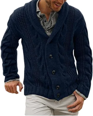 Mens Cardigan Sweaters Shawl Collar Cable Knit Button Down Sweatshirt Casual Chunky Loose Fit Long Sleeve Outwear