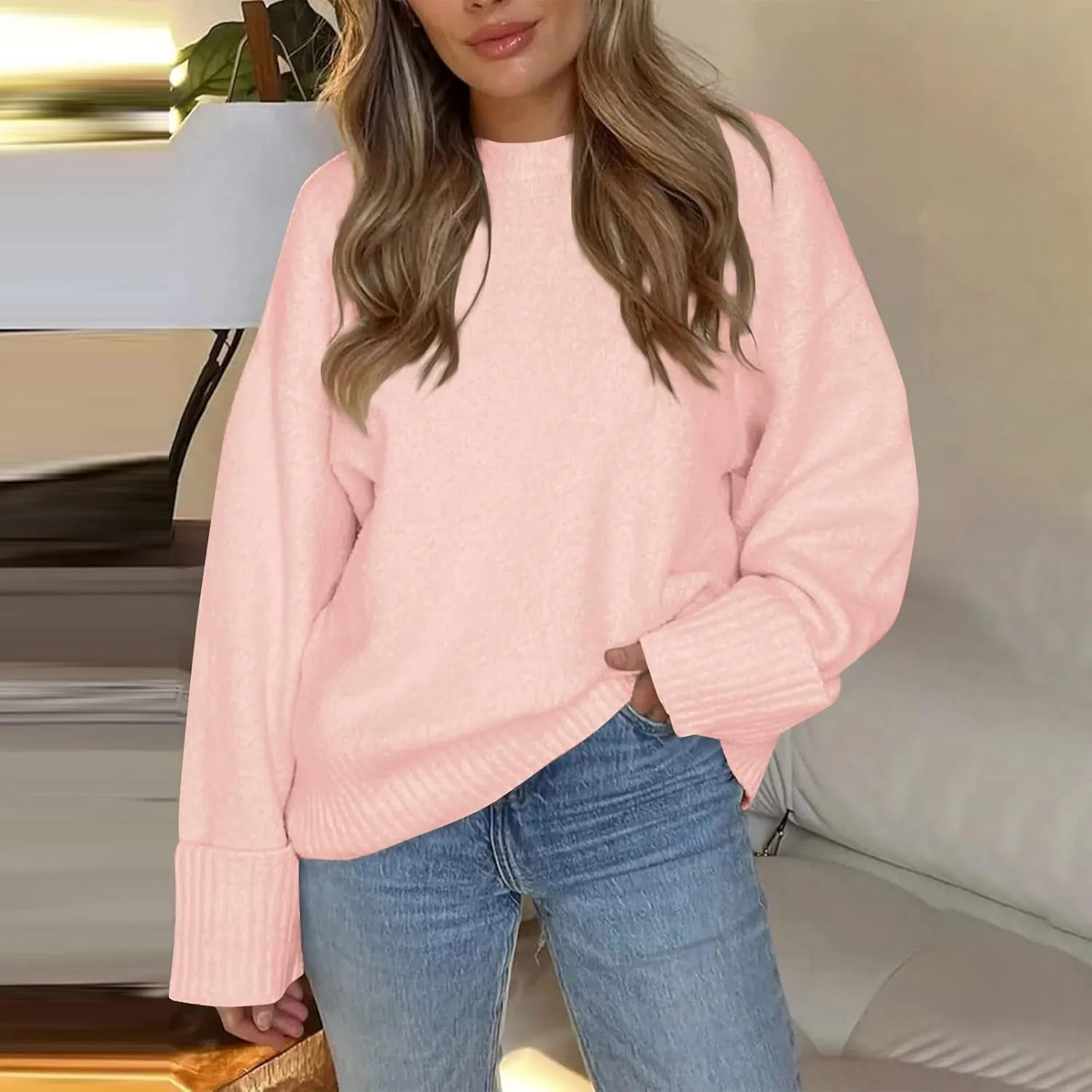 Oversized Sweaters for Women Crewneck Chunky Knit Sweater Fall Trendy Long Sleeve Fuzzy Fleece Pullover Sweaters