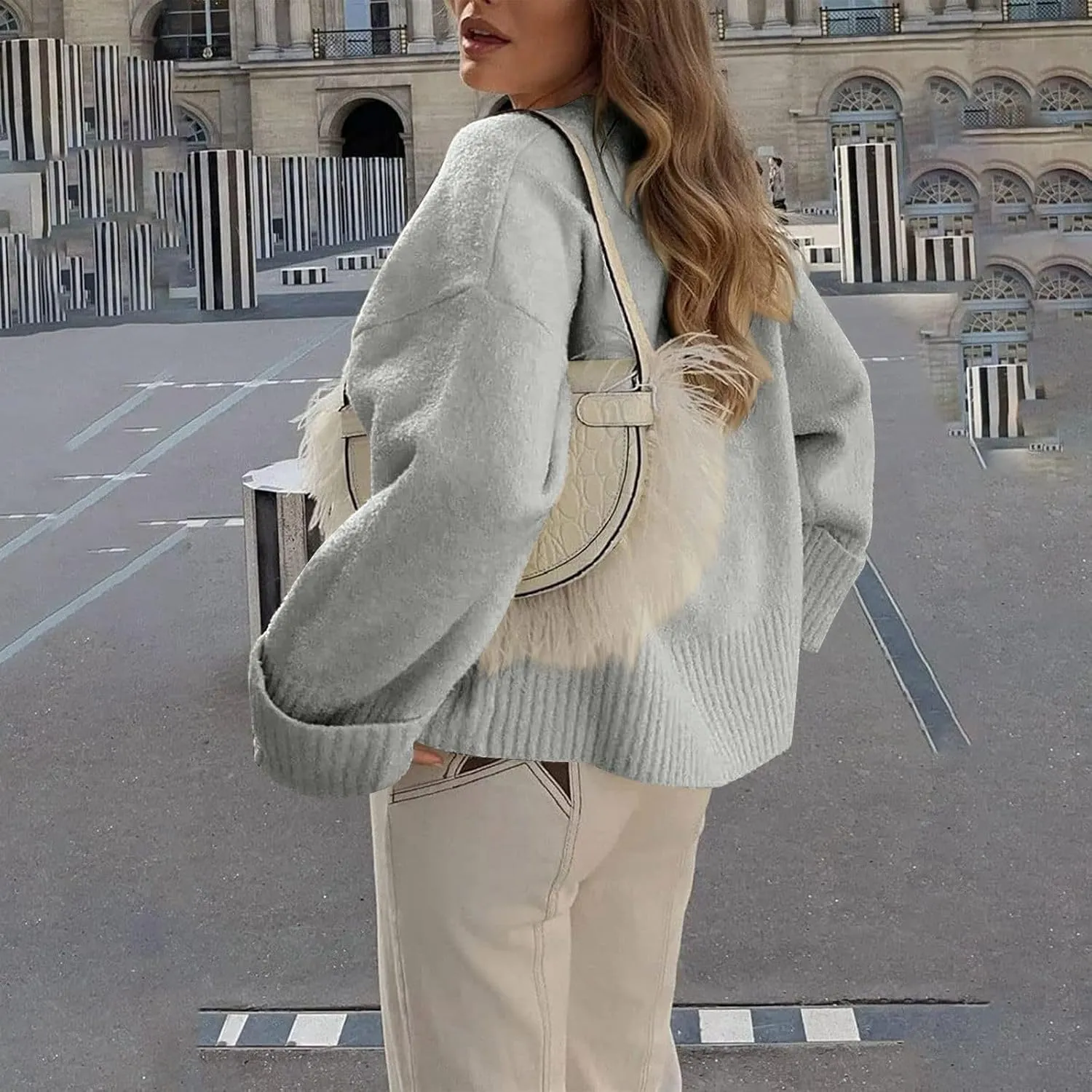 Oversized Sweaters for Women Crewneck Chunky Knit Sweater Fall Trendy Long Sleeve Fuzzy Fleece Pullover Sweaters