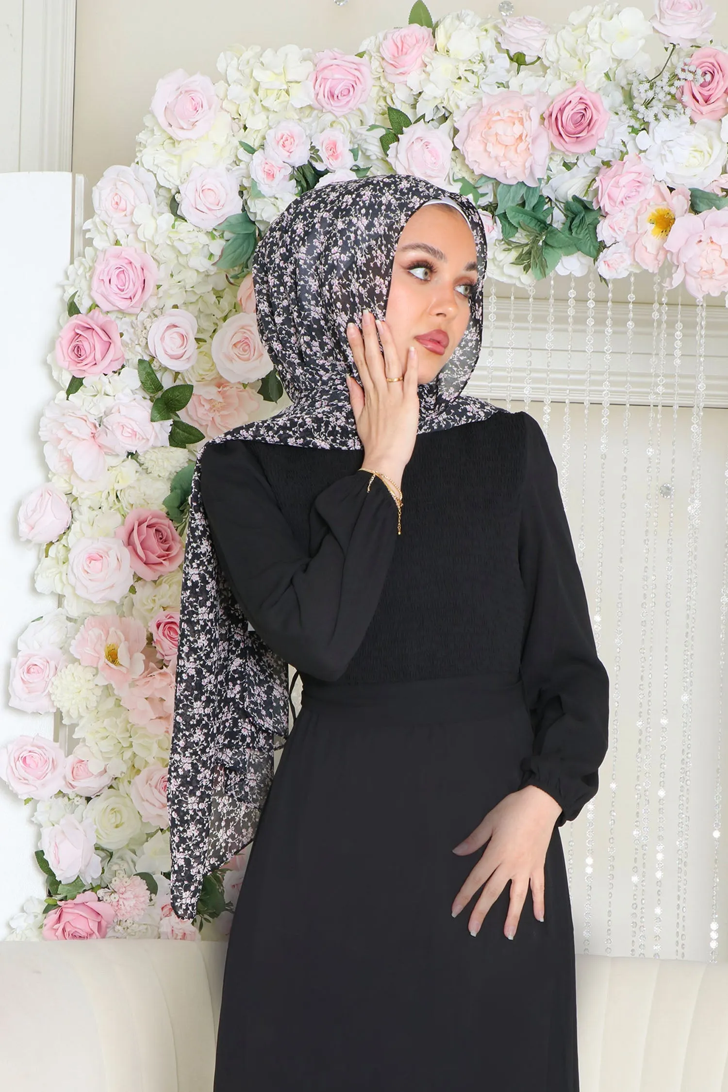 Raven Shirred Chiffon Dress- Black