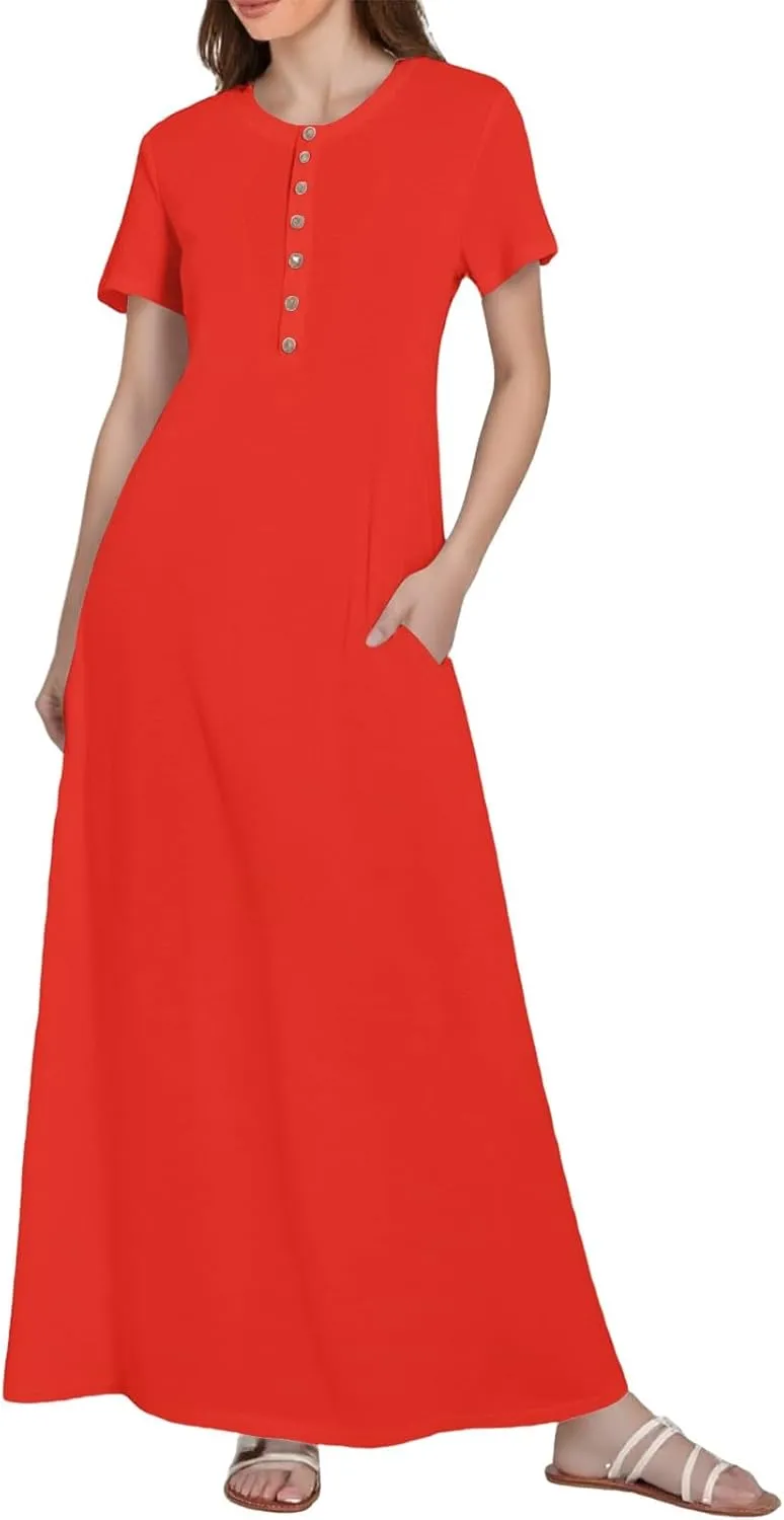 Summer Dresses for Women 2025 Casual Short Sleeve Button Down Boho Maxi Dress Loose Beach Vacation Sun Dresses