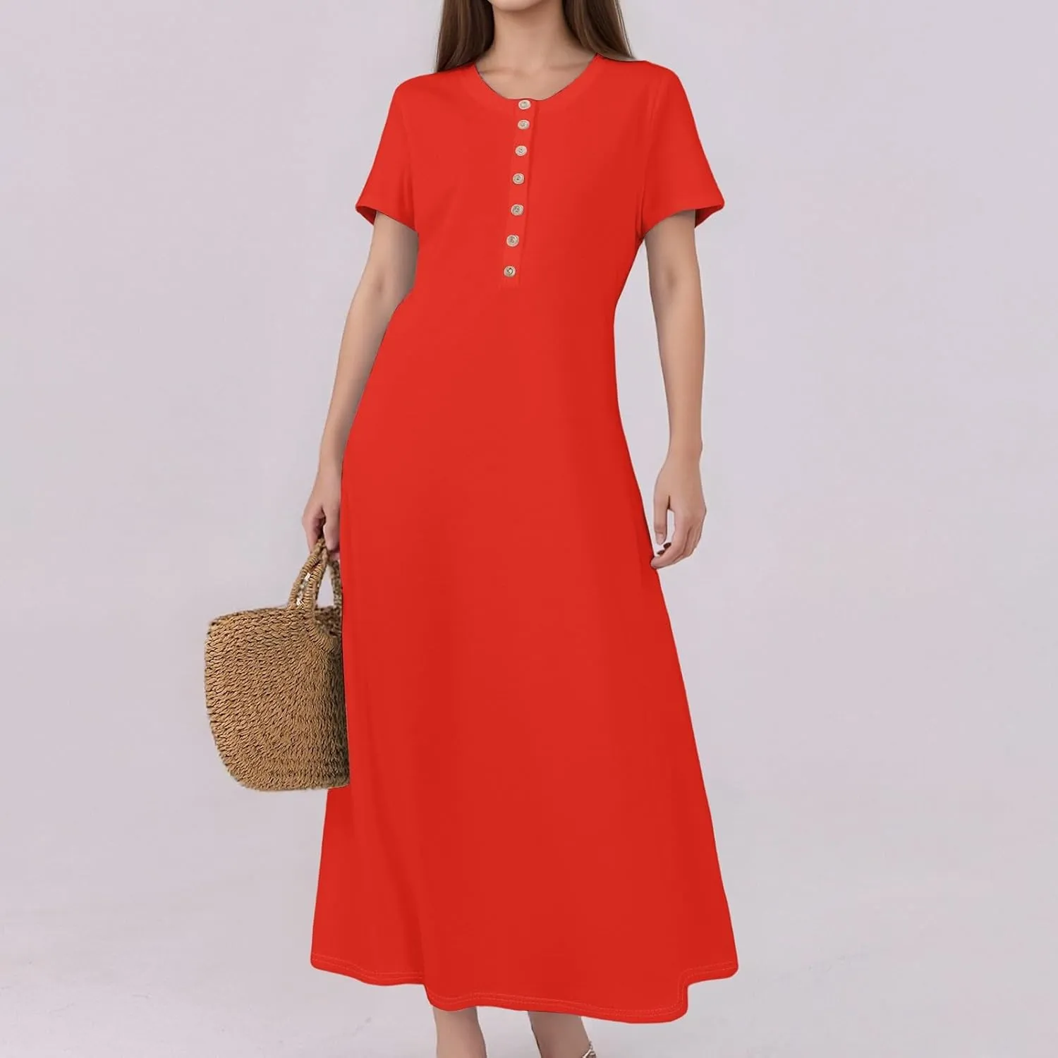 Summer Dresses for Women 2025 Casual Short Sleeve Button Down Boho Maxi Dress Loose Beach Vacation Sun Dresses