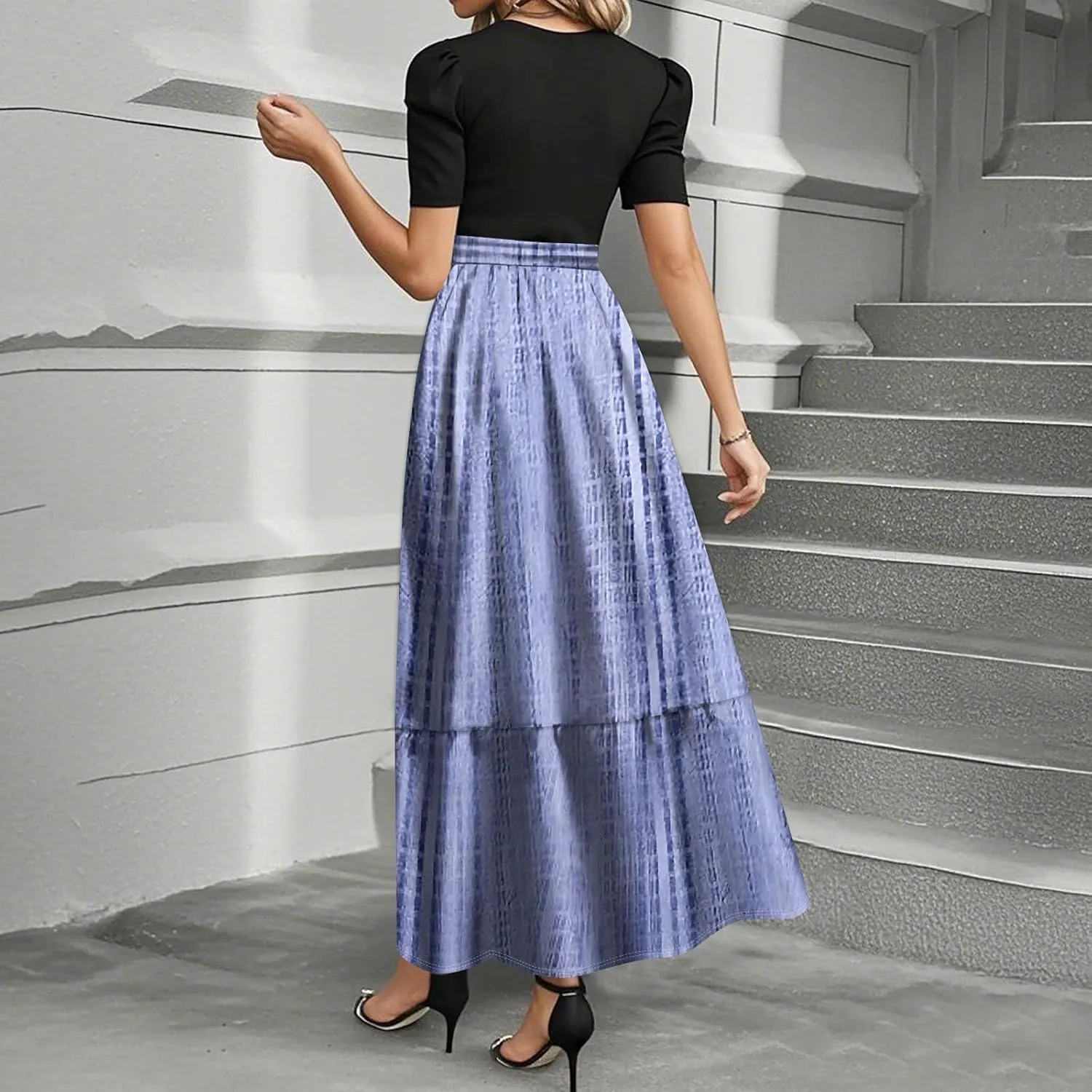 Summer Dresses for Women 2025 Geometric Splicing Elegant Wrap Short Sleeve Maxi Dress Patchwork Ruffle Hem A Line Dress